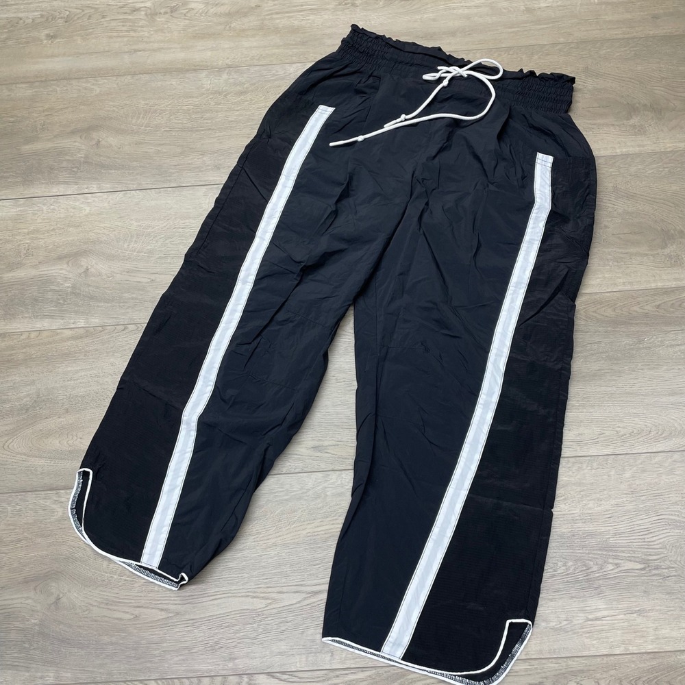 FP Movement Track Pants Women Large Black White Side Stripe Nylon Joggers Baggy